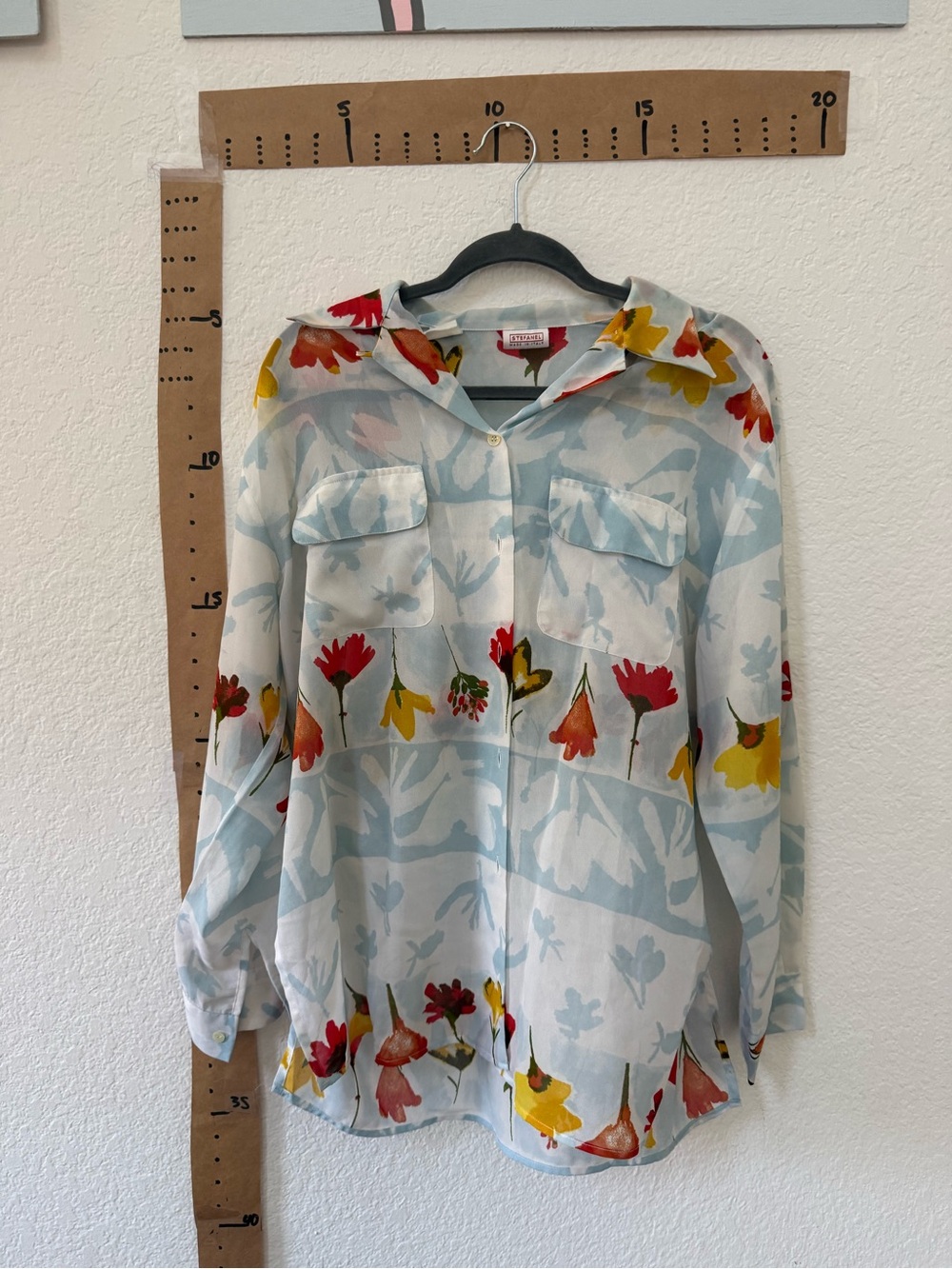 Stefanel Light Blue Floral Button-Down Top with Red and Yellow Accents